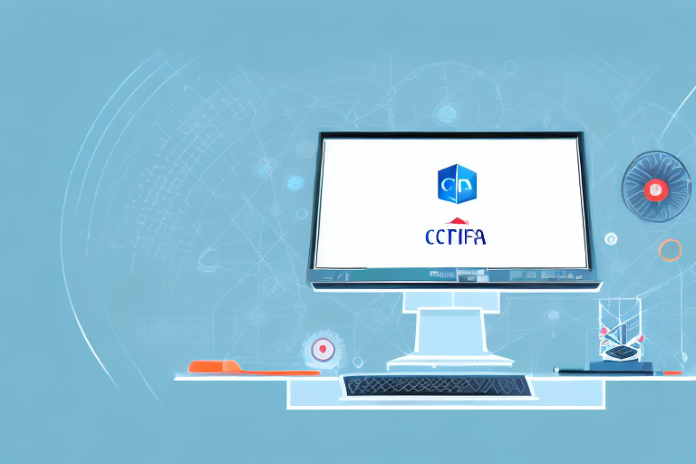 A computer system with a comptia certification logo in the background